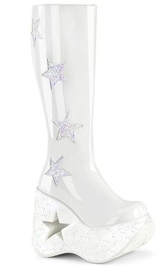 DYNAMITE-218 White Patent/Glitter Knee Boots-Demonia-Tragic Beautiful Dollskill Shoes, Calf Stretches, Knee High Platform Boots, Headpiece Accessories, Goth Boots, Demonia Shoes, Star Boots, Knee Length Boots, Pleaser Shoes