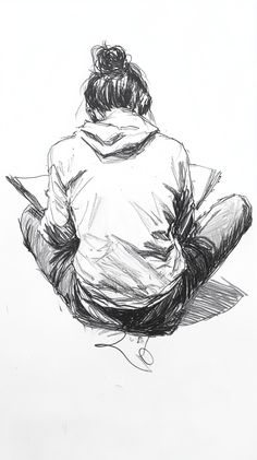 a black and white drawing of a person sitting on the ground with their back to the camera