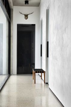 an empty hallway with a bench and antelope head on the wall behind it