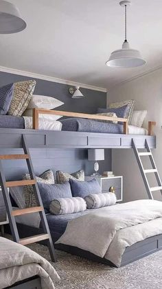 a bedroom with bunk beds and blue walls