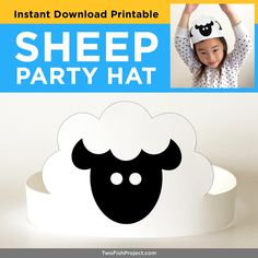 a sheep party hat with the text instant download printable on it and an image of a child's head