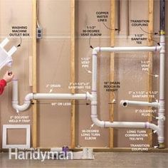 a man kneeling down in front of a wall that has pipes and piping on it