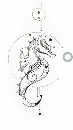 a drawing of a sea horse on a white paper with circles and dots around it