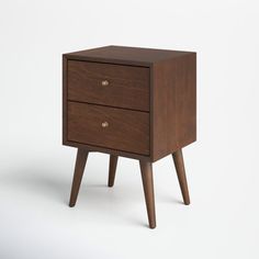 a wooden nightstand with two drawers on one side and an open drawer on the other