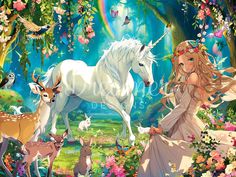 a beautiful woman standing next to two white unicorns in a forest filled with flowers