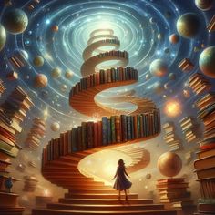 a woman standing in front of a spiral staircase surrounded by books