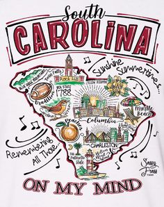 a white t - shirt with the words, south carolina on it's map