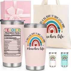 the teacher life gift set includes two tumblers, a tote bag and a mug