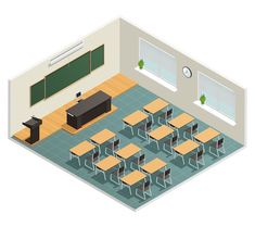 an empty classroom with desks and chairs