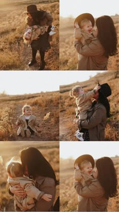 a woman holding a child in the middle of four different pictures, one with her face on