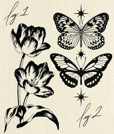 butterflies and flowers are drawn in black ink on a white paper with the words love