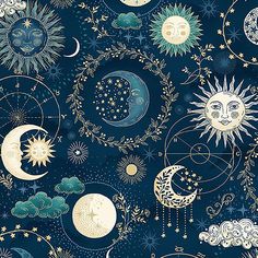 the sun, moon and stars are depicted in this seamlessly pattern on a dark blue background