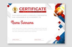 an award certificate is shown in red, white and blue colors with the word's name