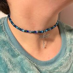 A Beaded Choker With A Dragonfly Charm In The Center. There’s A Chain At The Back So The Size Adjusts. Handmade By Me, Setrosestudios Blue Dragonfly, Necklace Bead, Dragonfly Charm, Dragonfly Necklace, Adjustable Necklace, Beaded Choker, Jewelry Handmade, Blue And Silver, Womens Jewelry Necklace