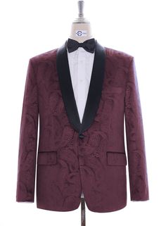 Burgundy Paisley Tuxedo Jacket Fabric: 100% Velvet Pattern : Paisley Velvet Color : Burgundy JACKET: 1 Buttons Jacket, covered button High button jacket Shawl collar, black satin on the lapel 1-1 jacket front hips pocket with flap 4 buttons non-working cuff Double vent at the back of jacket matching paisley lining 4 inside working pocket   Dry clean only Tailor made N.B These jacket are tailored to fit Note: Dear valuable customers this jacket is made to order. Processing time 10-12 working days Paisley Tuxedo, Mod Suits, Velvet Pattern, Olive Jacket, Burgundy Jacket, Men Fabric, Purple Paisley, Purple Jacket, Black Houndstooth