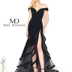 Brand New With Tags Velvet Material Black Evening Dress For Gala Events, Black Evening Dress For Black-tie Gala, Black Evening Dress For Gala And Black-tie Events, Glamorous Black V-neck Evening Dress, Black Embellished A-line Evening Dress, Black Lace Trim Floor-length Evening Dress, Mac Duggal Gown Black, Black V-neck Evening Nightgown, Black Mac