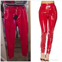 Red Latex Pants Trendy Red Bottoms For Party, Trendy Red Pants For Night Out, Red Pants For Night Out In Fall, Red Full Length Pants For Night Out, Trendy Red Bottoms For Fall, Red Fitted Full Length Bottoms, High Waist Red Pants For Night Out, Red Trousers For Party, High Waist Red Pants For Fall