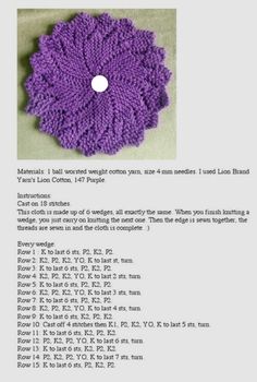 a purple crocheted doily sitting on top of a white table next to a text description