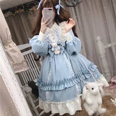 Brand Name: IngvnSilhouette: A-LINEOrigin: CN(Origin)Season: SpringNeckline: MANDARIN COLLARSleeve Style: Flare SleeveDecoration: BowStyle: Lolita StyleDresses Length: Knee-LengthMaterial: COTTONMaterial: PolyesterAge: Ages 18-35 Years OldSleeve Length(cm): FullGender: WOMENWaistline: empirePattern Type: PatchworkModel Number: Y658Style: Sweet Cute Kawaii Lolita Princess dressPopular elements: Ruffles,three-dimensional decoration,stitchingFabric material: Chiffon / Polyester (Polyester Fiber)Season: 2020 Spring NewColor: Blue And CoffeeSize: M,LNote1: Dress + Bow On Chest + Bear DollNote2: No Headdress + rabbit bag + socks + shoes Blue Dress Long Sleeve, Long Sleeve Princess Dress, Blue Dress Long, Japanese Costume, Dress Bow, Dress Halloween Costume, Lace Blue Dress, Light Blue Denim, Halloween Dress