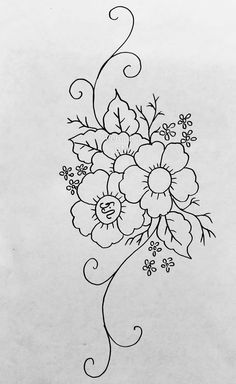 a black and white drawing of flowers with swirls on it's side, in the shape of a flower