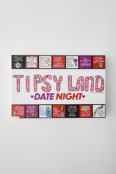 A game made for laughs, this date night game is packed with unique board game spaces made for calling out your partner, silly dares and most importantly, drinks! Features New fave party board game 1x Splash Resistant Board 2x Dice 8x Movers 60x Waterproof Cards Content + Care Cardstock Wipe clean Imported This product is not intended for anyone under the age of 21 Size Dimensions: 15.75" l x 2.5" w x 10.5" h | Tipsy Land: Date Night Edition Board Game in White at Urban Outfitters Tipsy Land, Date Night Games, Drink List, Wellness Gifts, Game Night, Fun Games, And Sign, The Age, Board Games