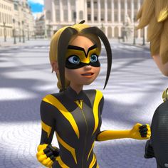 the animated character is talking to another woman in a black and yellow outfit with blue eyes