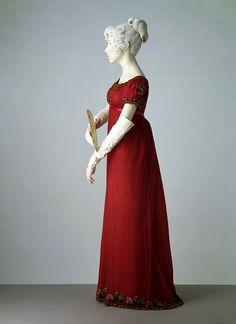 Evening dress, 1805-1810, owned by the Victoria and Albert Museum. A detail of this dress is pictured on the book jacket of the forthcoming THE ANNOTATED EMMA (March 20, 2012). 1800 Costume, Regency Dance, Regency Women, Burgundy Evening Dress, Regency Period