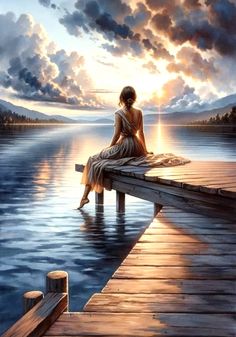 a painting of a woman sitting on a dock watching the sun go down over water