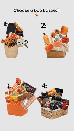 four baskets with different items in them and the words choose a boo basket on top