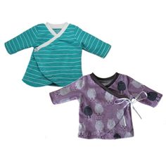 two baby clothes with sheeps on them, one is green and the other is purple