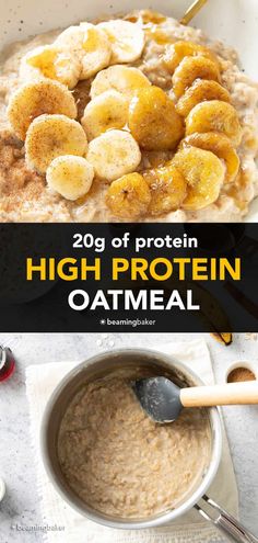 oatmeal in a bowl with banana slices on top and the words, 20g of protein high protein oatmeal