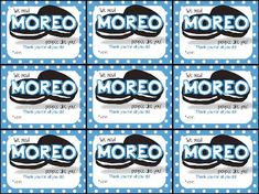 six blue and white labels with the word moreo on them in different font styles