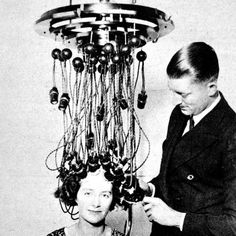 'Permanent Hair-Waving Machine, 1928' Photographic Print | Art.com Hair Curling Machine, Vintage Bizarre, Vintage Hair Salons, Retro Updo, Permanent Waves, Pin Curls, Flat Iron Hair Styles, Retro Waves, Hollywood Glamour