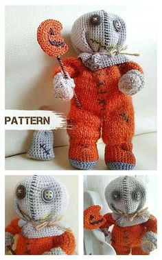 crocheted stuffed animal with orange and white clothes holding a stick in its hand