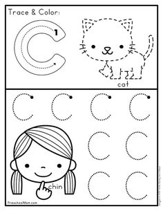 trace and color worksheet for children to practice letter c, with the image of a