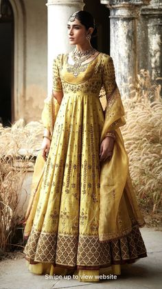 Yellow Desi Outfit, Transitional Yellow Bollywood Dress, Yellow Long Sleeve Bollywood Anarkali Set, Bollywood Yellow Wedding Gown, Yellow Bollywood Style Dress, Elegant Fashion Outfits