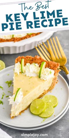 a slice of key lime pie on a white plate with the title text overlay