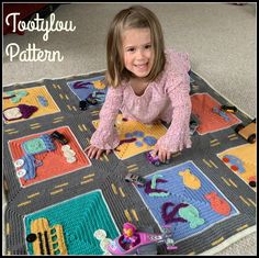 A delightful and colorful children's crochet blanket pattern that doubles up as a toy! Choose your colors to make it for either a boy or girl. This play mat is safe and inviting! Fun and easy to make....a perfect gift! There are 9 individual squares that are sewn together and decorated with cars, trucks, whimsical houses and trees, clouds and even sea life! A simple border completes this delightful throw. The entire blanket measures about 45 x 45 inches. This listing is for a PDF crochet pattern in English. Pattern will be instantly downloaded through Etsy. Please allow a little time for the transaction to complete itself. You are welcome to sell the finished blanket. Please provide a link with credit to this shop. Help and coaching is always available.  This listing is for the pattern and Playmat Baby, Baby Playmat, Crochet Game, Blanket Kids, Circular Knitting Machine, Crochet Fairy, Crochet Car, Crochet Rug Patterns, Boys Pattern