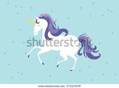 a white unicorn with purple mane and blue eyes is galloping through the air on a light blue background