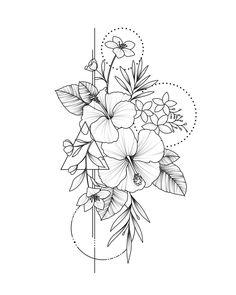 a drawing of flowers in a vase on a white background, with dots and lines