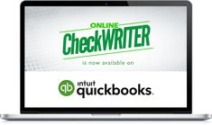 an open laptop computer with the words online checkwriter and quickbooks on it's screen