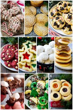 a collage of christmas cookies and desserts