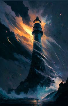 a painting of a lighthouse in the middle of a stormy sea with bright lights coming from it