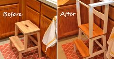 before and after photos of a wooden step stool in a kitchen with red tiles on the floor