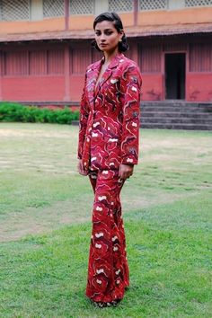 Red hand block print blazer with sequin, bead and thread embroidery. Paired with a matching printed trouser. - Aza Fashions Designer Fitted Sets With Printed Motifs, Designer Red Party Set, Red Hand Embellished Fitted Sets, Formal Red Sets With Printed Motifs, Embroidered Blazer, Printed Trousers, Thread Embroidery, Hand Block Print, Printed Blazer