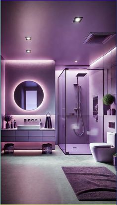 a bathroom with purple lighting and a round mirror