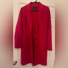 Worn Only Once And In An Excellent Condition. Red Single-breasted Outerwear For Winter, Red Winter Workwear Outerwear, Red Lapel Collar Outerwear For Winter, Red Long Sleeve Workwear Outerwear, Boiled Wool Coat, Boucle Coat, Boiled Wool, Red Wool, Pea Coats