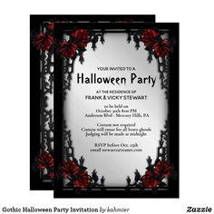 a black and white halloween party with red roses on the border, in an ornate frame