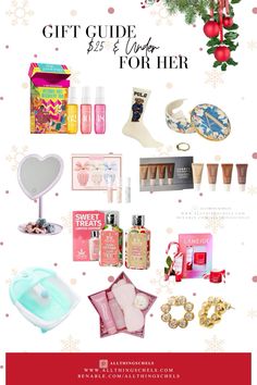 the christmas gift guide for her is displayed on a white background with snowflakes