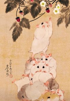 a group of mice sitting on top of each other in front of a cherry tree